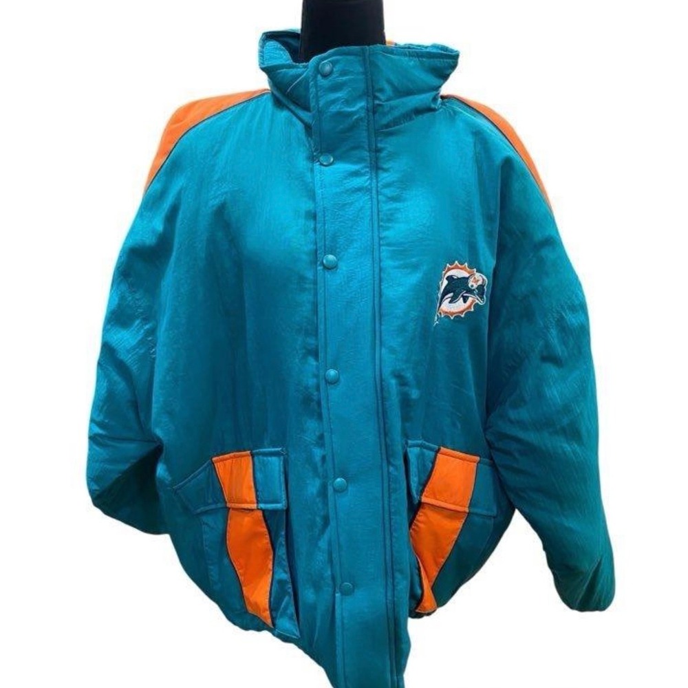 Vintage Miami Dolphins NFL Logo Athletic Jacket XXL Full Zip & Snap Close Puffer